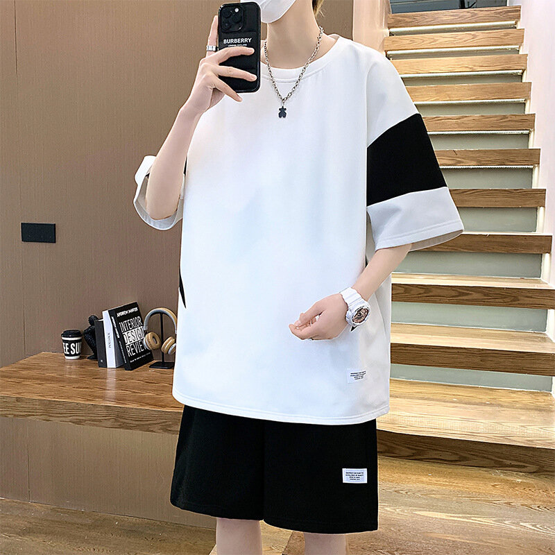2024 summer new broad edition color patchwork sports suit men's fashion simple leisure sports trend two-piece set