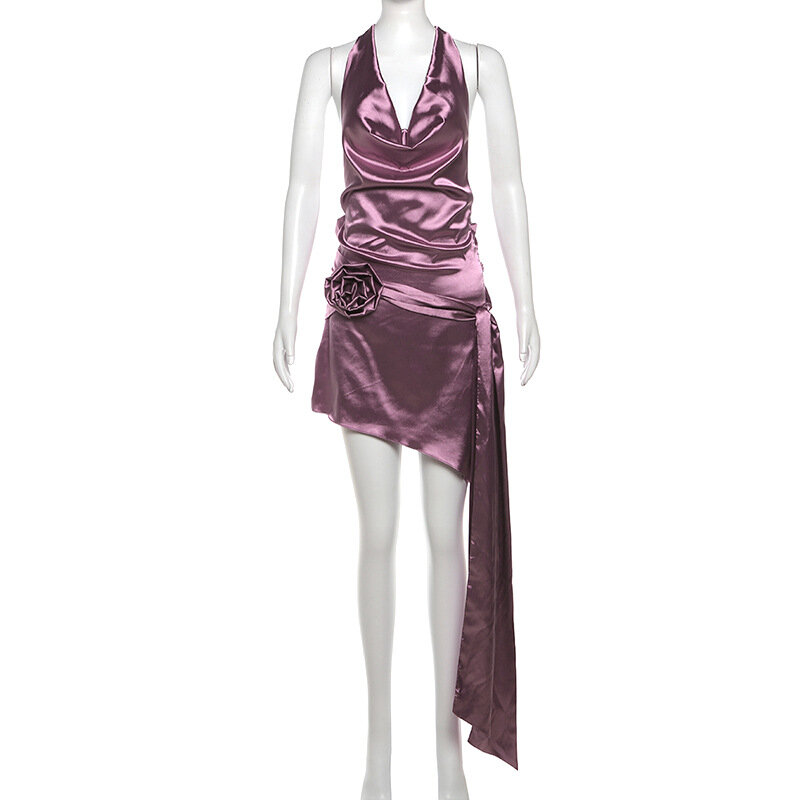 Robe de Rhcourte en satin pour femmes, col en V, mini robe de soirée, fleur 3D, streetwear, jupe, robes d'été, en stock