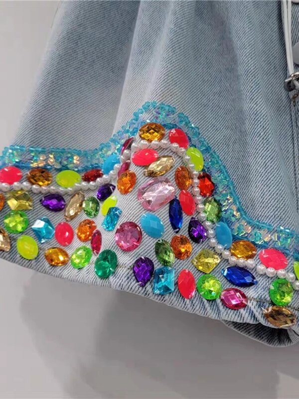 [EWQ] Beautiful Colorful Diamond Beads High Waist Loose Wide Leg Denim Shorts Drawstring Elastic Pant 2024 Spring Summer 16U9021
