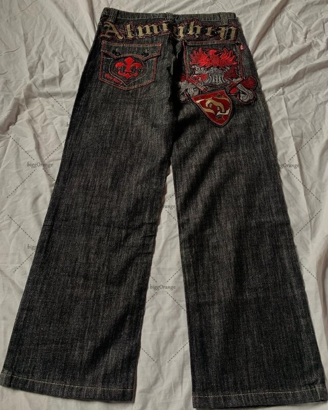 Calça jeans bordada de rua alta masculina, calça Y2K, rua alta americana, monograma de patchwork, moda Harajuku, perna larga