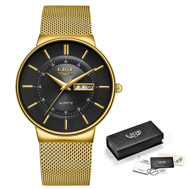 LIGE Gold Luxus Uhr Männer Quarz Stahl Wasserdichte Sport Uhren Armbanduhr Military Big Zifferblatt Datum Uhr Relogio Masculino