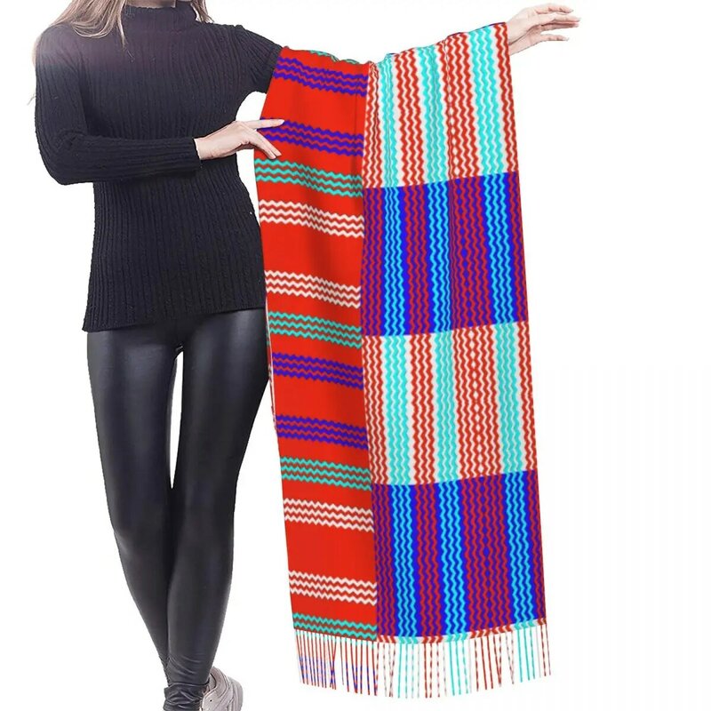 カラフルなzigzagタッセルスカーフ女性用、ソフト、ボヘミアン、モダン、幾何学的ショール、ラップ、女性、冬のファッション、用途の広いスカーフ