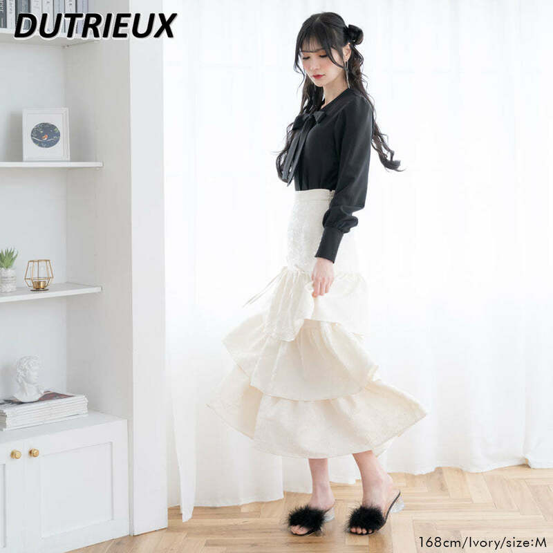 Japanese Style Spring New Versatile Mid-Length Skirt for Women Lady All-matching Ruffled Tiered Slimming Bow Long Skirts