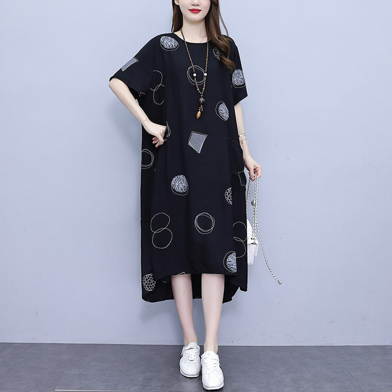 Vestido Midi de manga curta feminino, estamparia geométrica, solto, decote em O, tamanho grande, vestidos retalhos, roupas casuais, moda verão