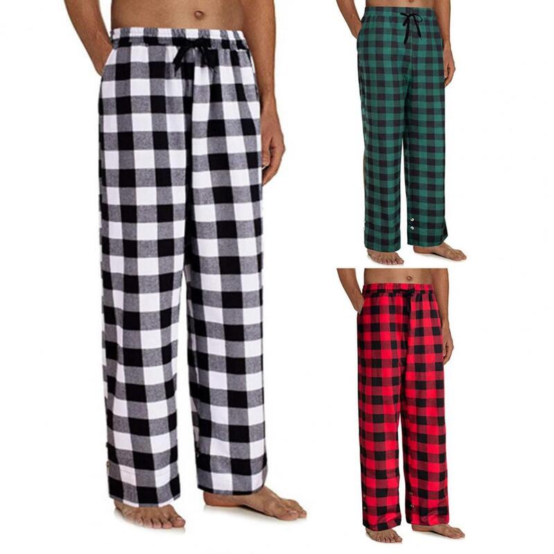 Calças de cordão de cintura resistente ao desgaste solto calças masculinas pijama xadrez elástica para casa