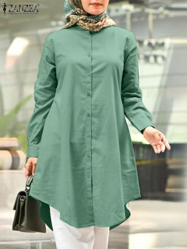 ZANZEA blus kerah Lapel Muslim, pakaian atasan kerja Muslimah Turki elegan lengan panjang musim gugur 2023