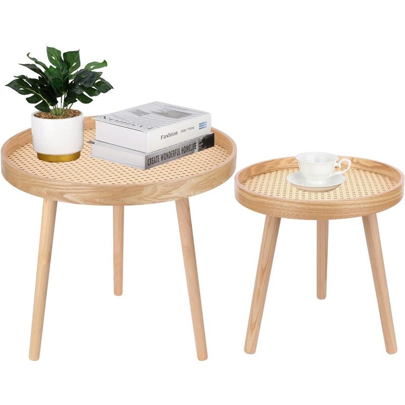 Conjunto de 2 mesa de café redonda, mesa de café natural, mesinha de meados do século moderno rattan, mesa lateral