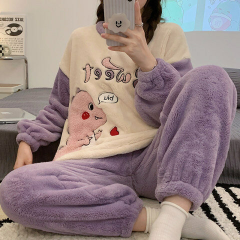 Women's Winter Long Sleeved Thickened Coral Velvet Nightwear Cartoon Flannel Pajamas Warmth Female Home Wear Suit 2023 New
