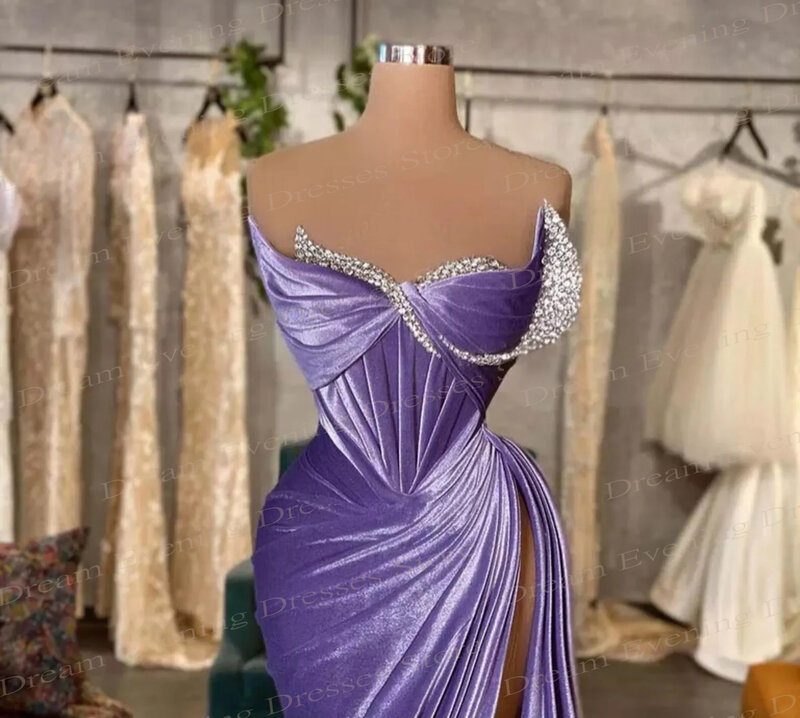 Dubai Arabic Elegant Strapless Mermaid Purple Evening Dresses Pleated Sexy High Split Women Party Prom Gowns Vestidos De Festa