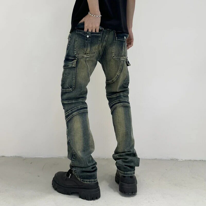 Jeans da moto da uomo alla moda con cuciture multitasche Design Street beautiful Rock abbigliamento da uomo pantaloni dritti Slim-Fit