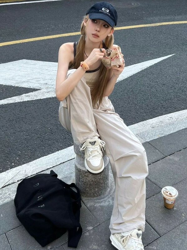Houzhou-Baggy calças cargo para mulheres, casual reta, perna larga, calças paraquedas bege, streetwear feminino, moda coreana, Harajuku, Y2k