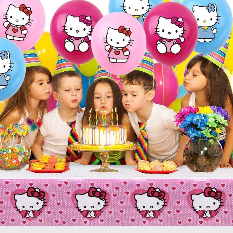 Décorations de fête d'anniversaire Hello Kitty, ballons blancs jetables, vaisselle de fond pour enfants, fournitures de fête, cadeaux jouets