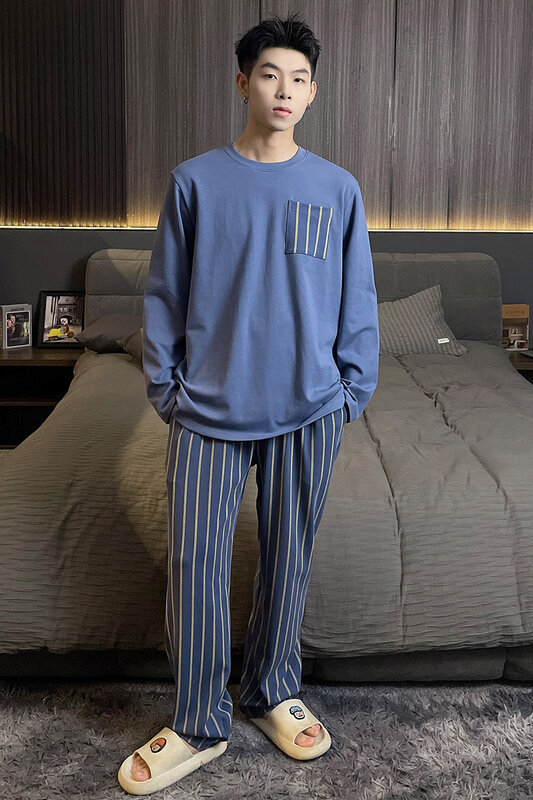 Пижама мужская оверсайз, трикотажная Повседневная, из искусственного хлопка, с длинным рукавом, в полоску, с круглым вырезом, домашняя одежда, осень-весна