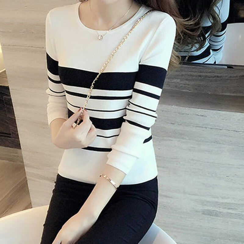 Pullovers Sweaters Black and White Stripe Long Sleeve Slim Round Neck Jumpers Knitwear Autumn Winter Women's Clothing Commute