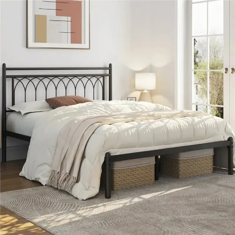 Metal cama Frame com pétala acentuados cabeceira, cama queen quadros