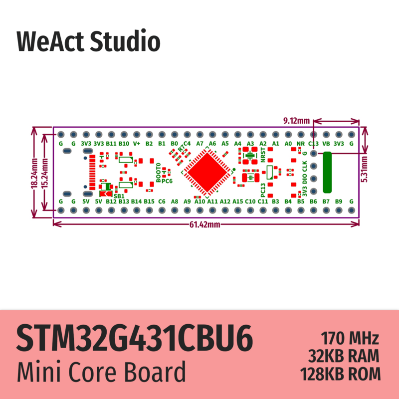 Demonstração da placa do núcleo de WeAct, tipo longo, STM32G431CBU6, STM32G431, STM32G4, STM32