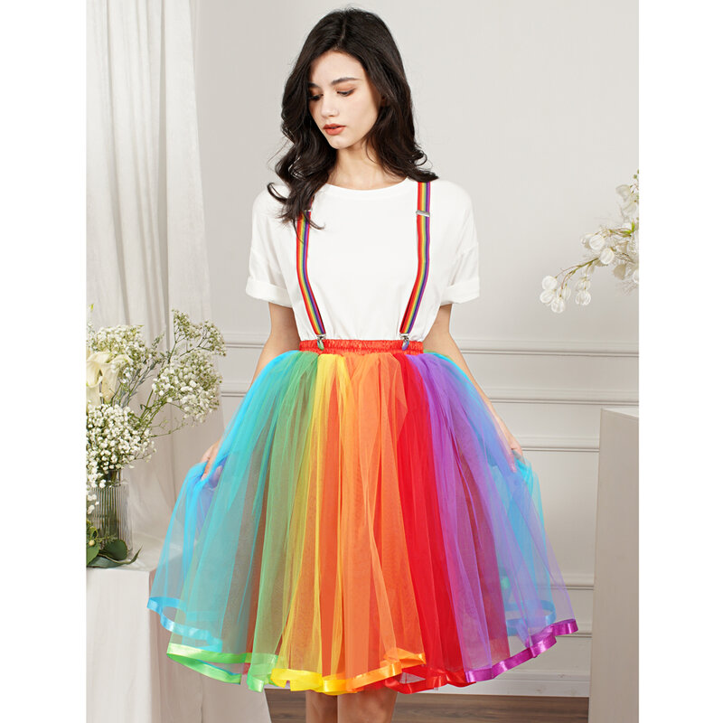 Saia curta arco-íris colorida feminina, elástico alto, 5 camadas, tule tutu macio, saia de crinolina, vestido de baile feminino Prom Party