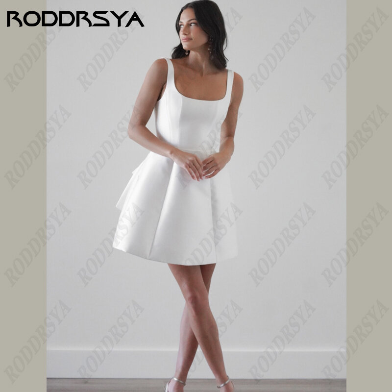 Roddrsya ชุดคลุม gaun pengantin SATIN สั้นคอสี่เหลี่ยมถอดโบว์ได้สายรัดปาเก็ตตี้เปลือยหลังสำหรับเจ้าสาว
