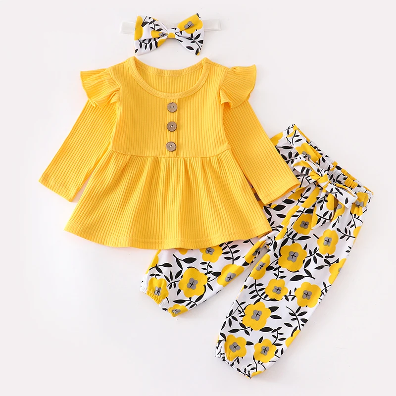 Maluch Autumn neonn Baby Girl Cute ubranka zestaw żółta bawełna długi rękaw prążkowany Top spodnie w kwiaty opaska 3 szt strój