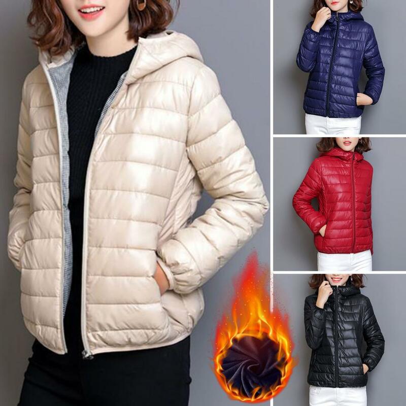 Women Parkas Fall Winter Padded Hooded Coat Thick Long Sleeve Lady Cotton Coat Solid Color Slim Fit Zipper Closure Pocket Jacket