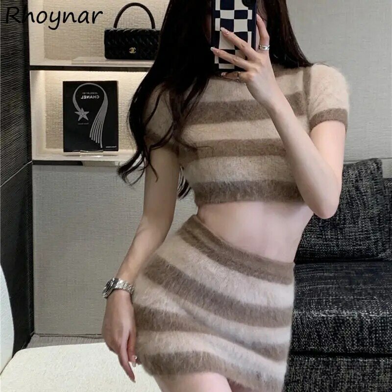 Women Sets Striped Knitted Short Sleeve Cropped Tops Sexy Slim-fit High Waist Hip Wrap Mini Skirts All-match Elegant Girls Chic