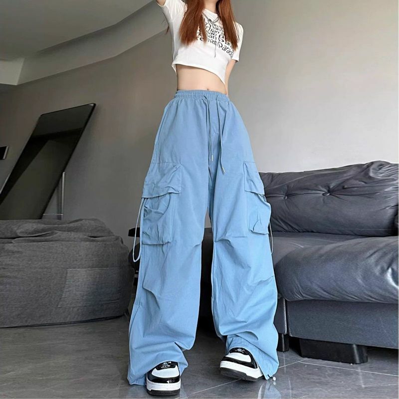 Macacão de rua feminino estilo paraquedas hip-hop, calças de bolso grandes, calça Harajuku solta, calça casual monocromática, Y2K