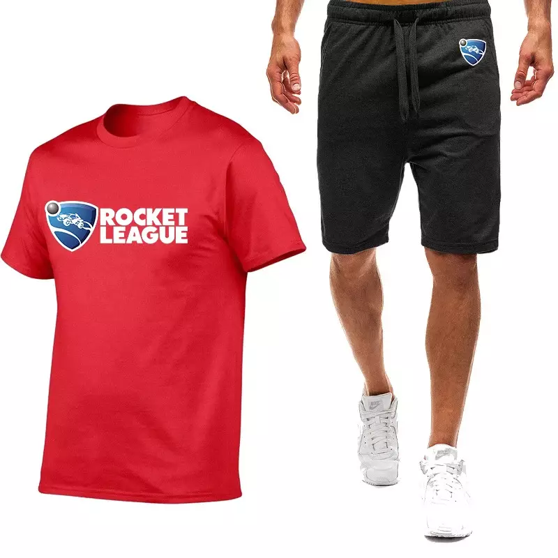 ชุดจ็อกเกอร์สองชิ้นสำหรับผู้ชายแขนสั้นเสื้อยืดท็อปแบบตัวสั้น + กางเกงขาสั้นชุดเสื้อออกกำลังกายกีฬาลำลองใหม่ Rocket League ฤดูร้อน