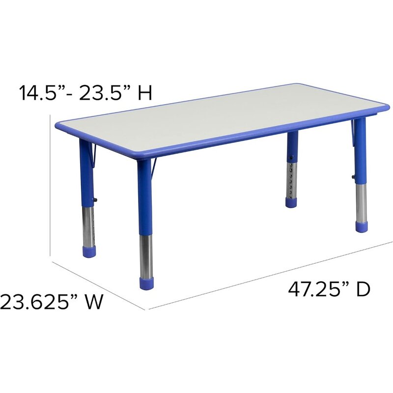Tavoli e sedie per bambini, mobili per bambini tavolo da attività rettangolare in plastica regolabile in altezza, set di 3, tavolo blu