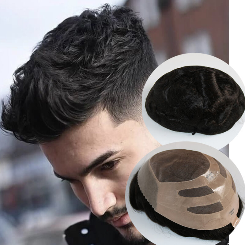 Высококачественный парик из человеческих волос черного цвета, мужской парик, парик из переплетенных волос, Мужская сменная прочная и дышащая система волос NPU