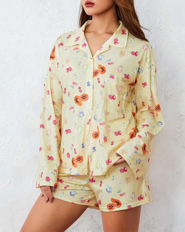 Vaguelette Dames Fruit Pyjama Set Button Down Shirt Met Korte Broek Pj Set Zachte Nachtkleding