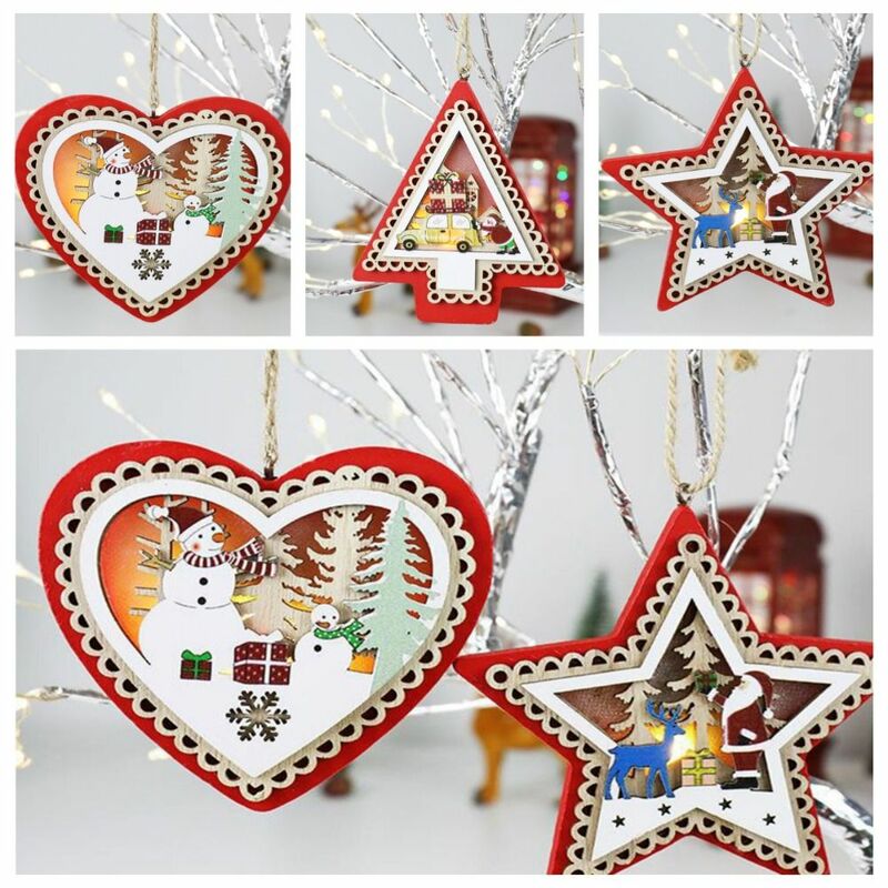 Colgantes brillantes de madera para Navidad, pentagrama, alce brillante, diseño de agujero colgante, artesanía de madera luminosa