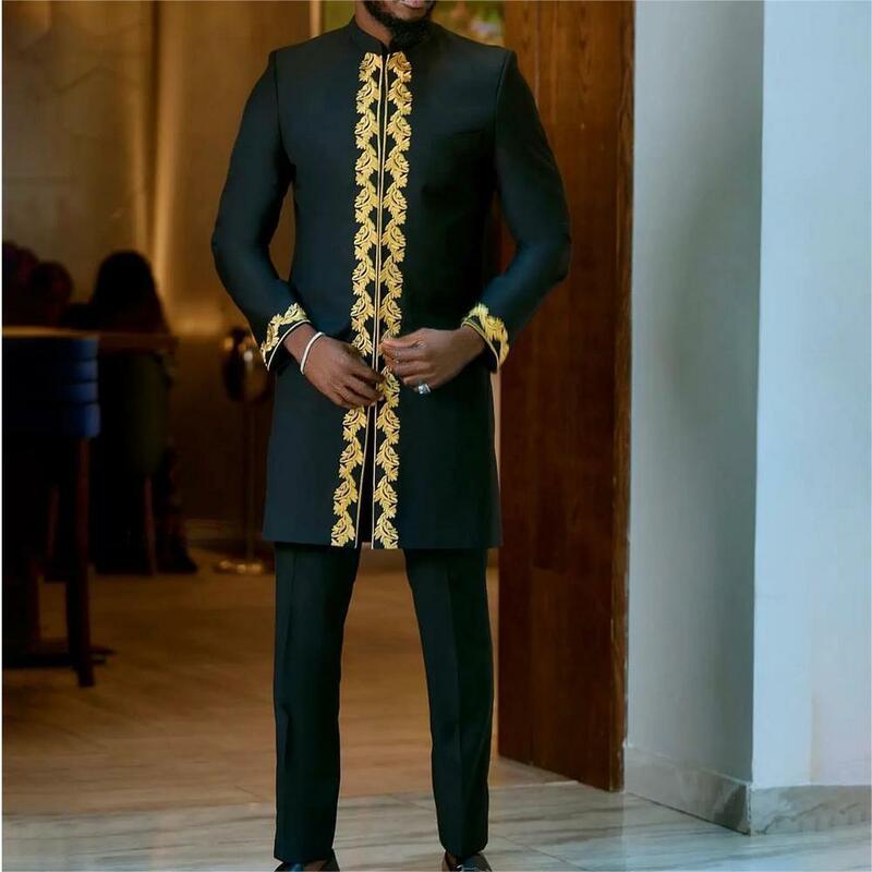 Traje de manga larga para hombre, conjunto de 2 piezas con cuello redondo bordado, Color sólido, estilo étnico africano, novedad de 2024