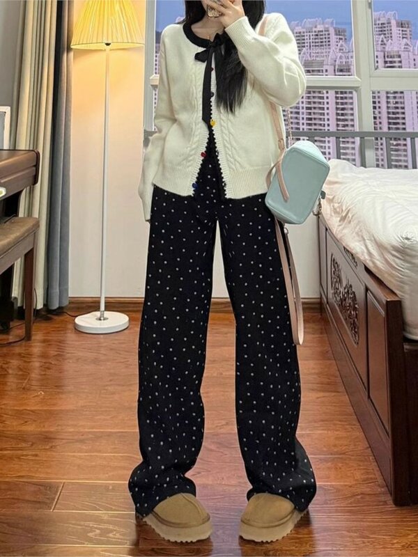 Vita alta primavera estate pantalone con stampa a pois donna gamba larga stile coreano pantaloni larghi da donna pieghettati Modis pantaloni Casual da donna