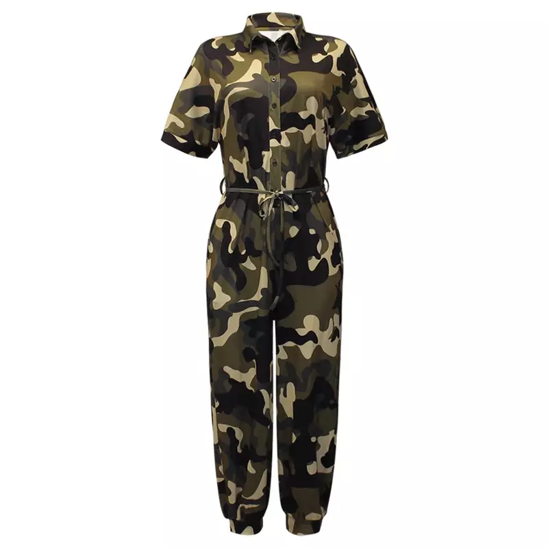 Camouflage Short Sleeved Lapel Jumpsuit for Women High Waist Streetwear Office Regular Fit Overall Romper Party Prom Jumpsuits