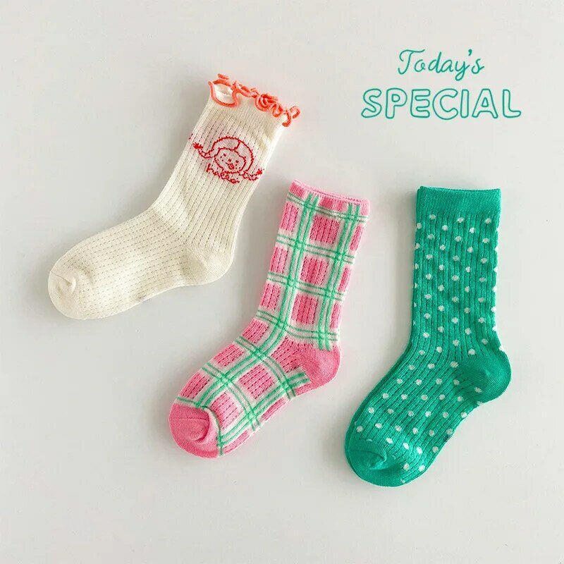 Spring Socks Baby Girls Thin Socks Summer 3 Pairs Fancy Lace Polka Dots Lace Socks Mid Calf  Cotton Socks Kids Socks