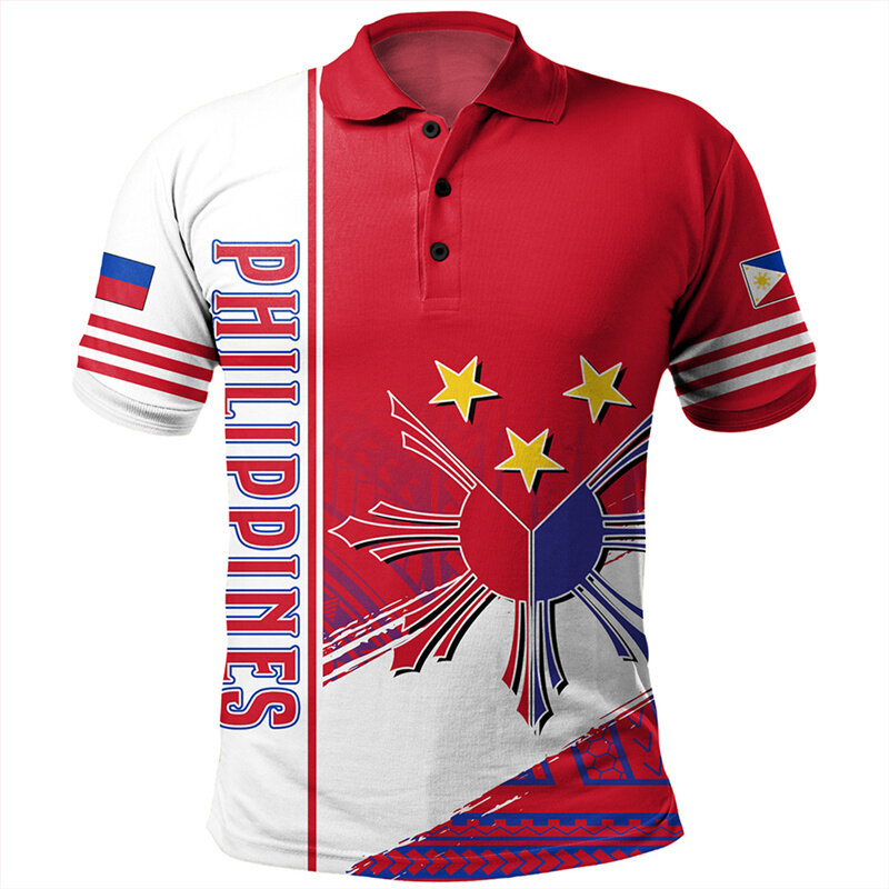Kaus Polo peta bendera Filipina untuk pria kaus POLO kancing cetak 3D kasual longgar lengan pendek atasan Hawaii kaus jalan musim panas
