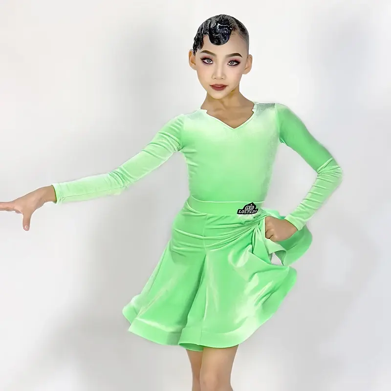 Farben Kinder Leistung Latin Tanz Kostüm Mädchen Latin Dance Profi kleid Langarm Samt Gesellschaft stanz Kleid