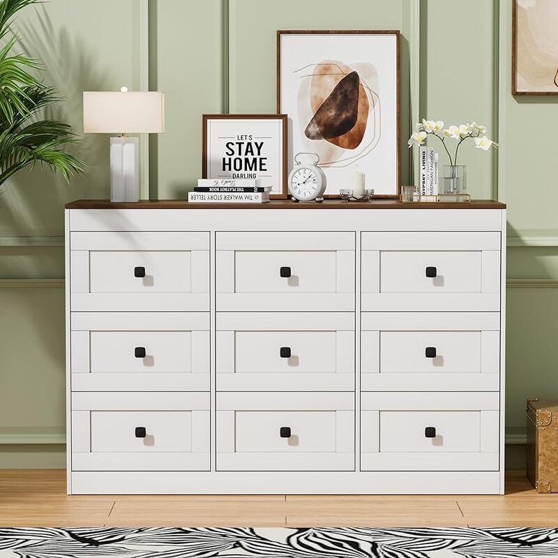 9Drawers White Dresser, Farmhouse Dresser for Bedroom Wide Chest of Drawers, Wood Storage Dresser Chest Organizers