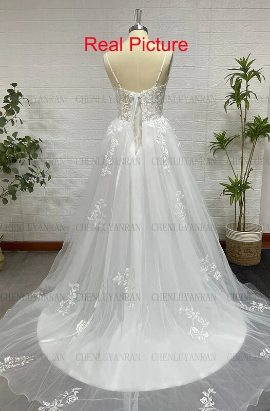 여성용 보호 웨딩 드레스, 2023 레이스 아플리케, 얇은 명주 그물 웨딩 가운, A 라인 스윕 트레인, 우아한 신부 드레스