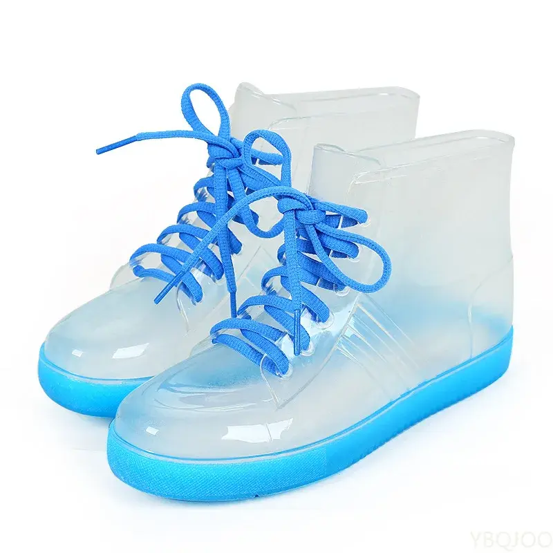 احذية المطر موضة شفافة الإناث الأشرطة البلاستيكية طالب أحذية ماء عادية شقة عدم الانزلاق مقاوم للماء كل مباراة الأحذية المياه