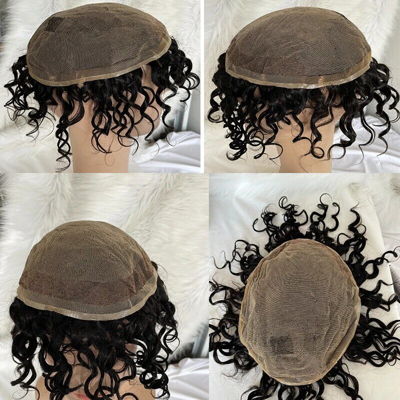 Full Swiss Lace Men's Toupee Brazilian Human Hair Replacement For Men Hairpiece 1B Color 8X10 Loose Curly Hair Men Lace Wig