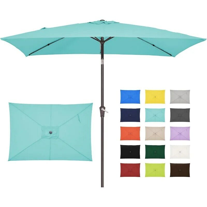 Payung pasar luar ruangan, payung teras persegi panjang 6.5x10 kaki dengan tombol tekan miring dan engkol, payung meja 6 rusuk kuat