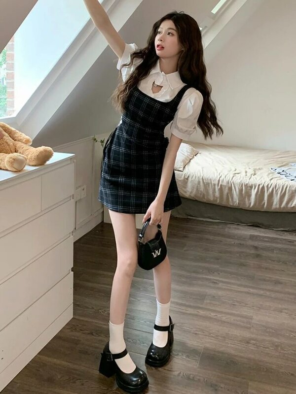 Dresses Sets Women 2pcs Slim Sexy Bandage Preppy Style Leisure Sweet All-match Hollow Out Shirts Mini Ulzzang Students Summer