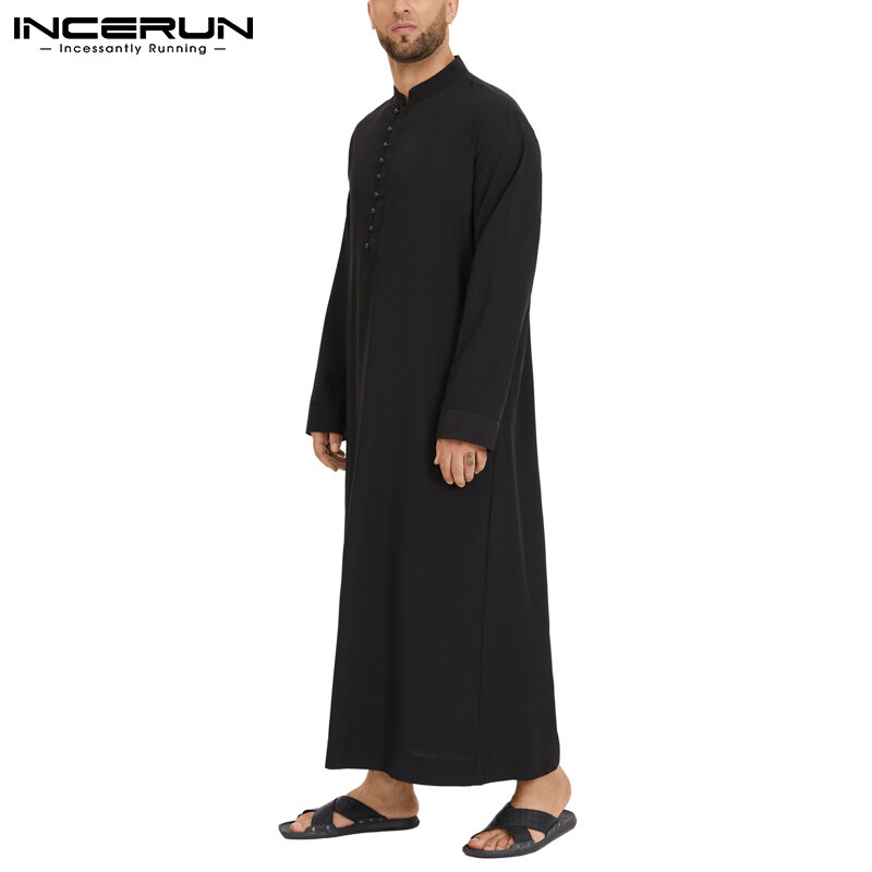 INCERUN muzułmanin mężczyźni Jubba Thobe Kaftan Solid Color moda z długim rękawem cienkie szaty stanąć kołnierz islamski arabski mężczyźni Kaftan S-5XL
