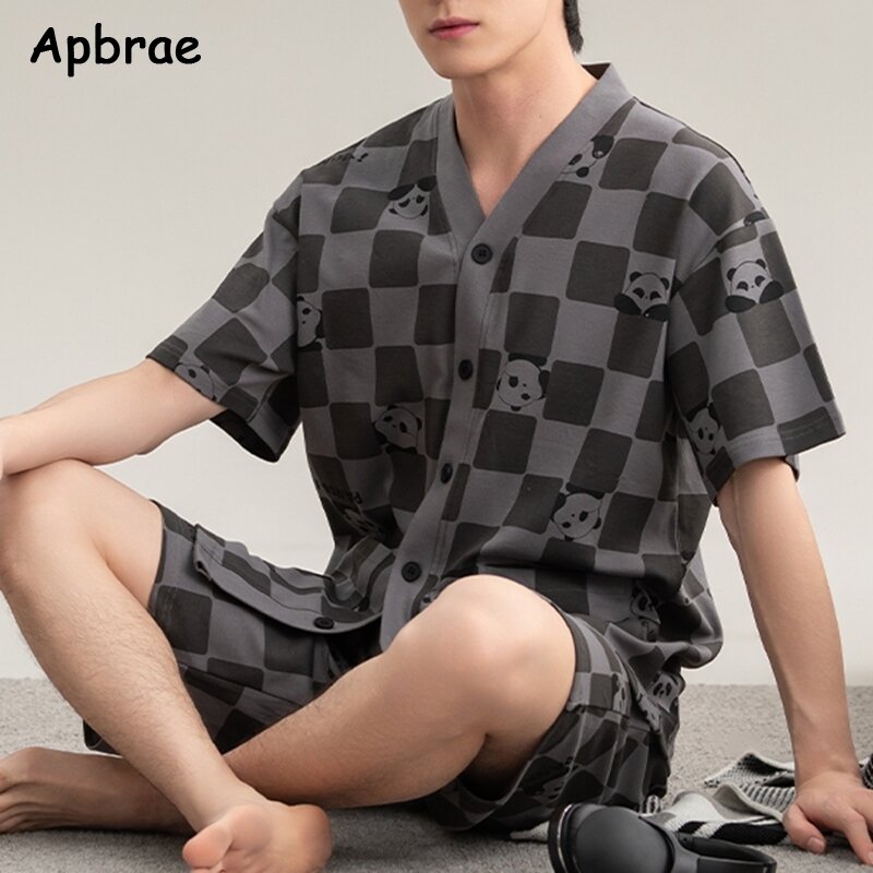 Conjunto de pijama xadrez estampado masculino, roupa de dormir, quimono de manga curta, 100% algodão puro, pijamas plus size, verão, L a 3XL