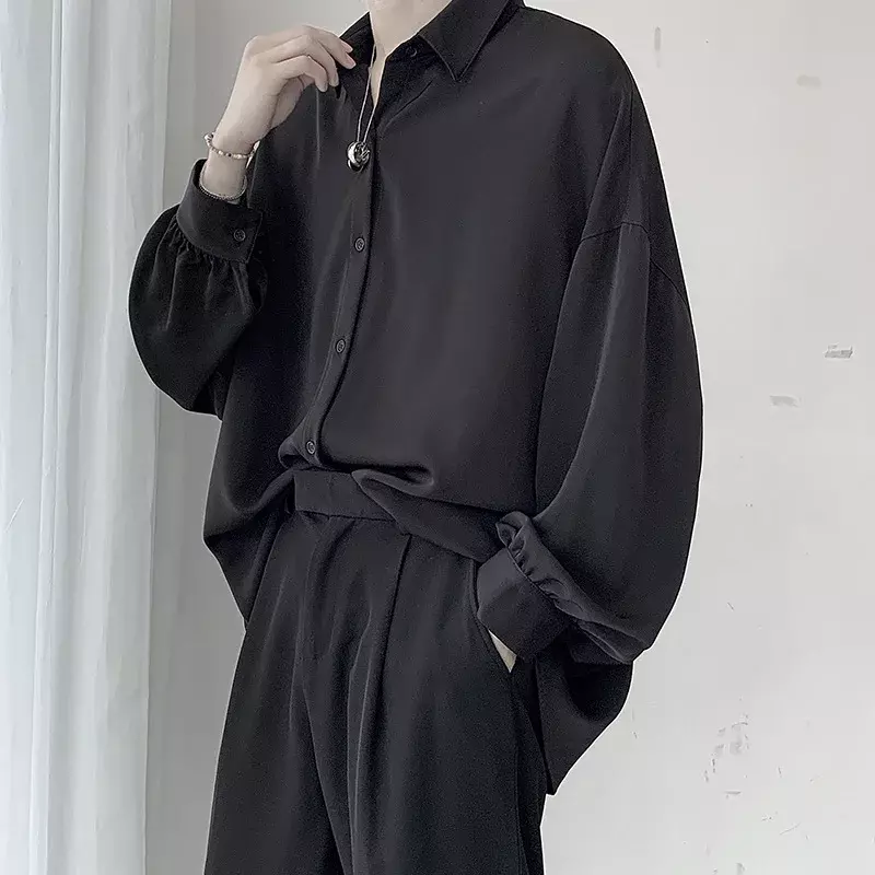 Camisa de peito único masculina, manga comprida, gravata preta, blusas coreanas confortáveis, camiseta casual solta, Harajuku