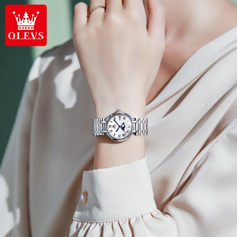 Jam tangan gelang wanita baja tahan karat merek mewah jam tangan kuarsa wanita tahan air 30m jam tangan fase bulan untuk hadiah