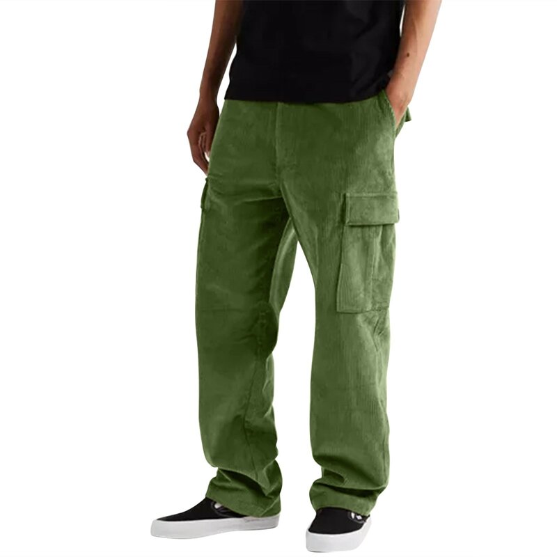 Mens Autumn And Winter Solid Color Corduroy Multi Pocket Straight Pants High Street Pants Casual Loose Overalls Trousers