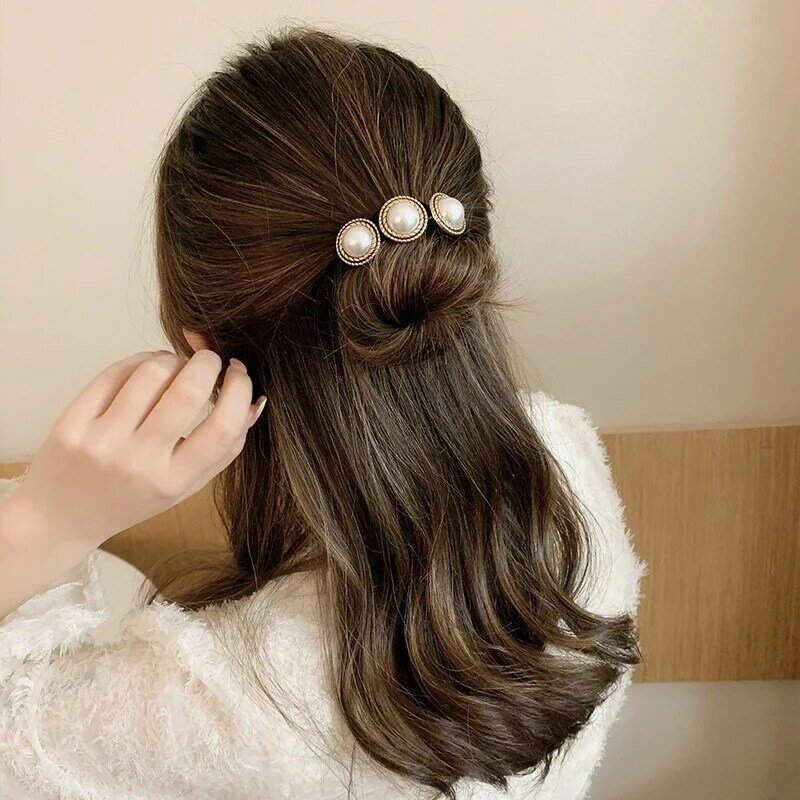 Vintage Floral Flexível Bun Hairbands para Mulheres, Moda Pérola Updo Hair Clip para Menina