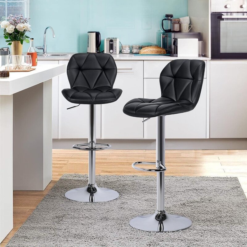 Bar Stools Set of 2 Counter Stool Bar Chairs with Backrest Height Adjustable Swivel Tall Bar Stools Modern PU Leather, Black